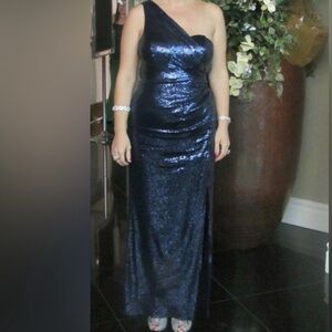 Xscape blue one shoulder sequin evening down size 14 midnight blue prom dress